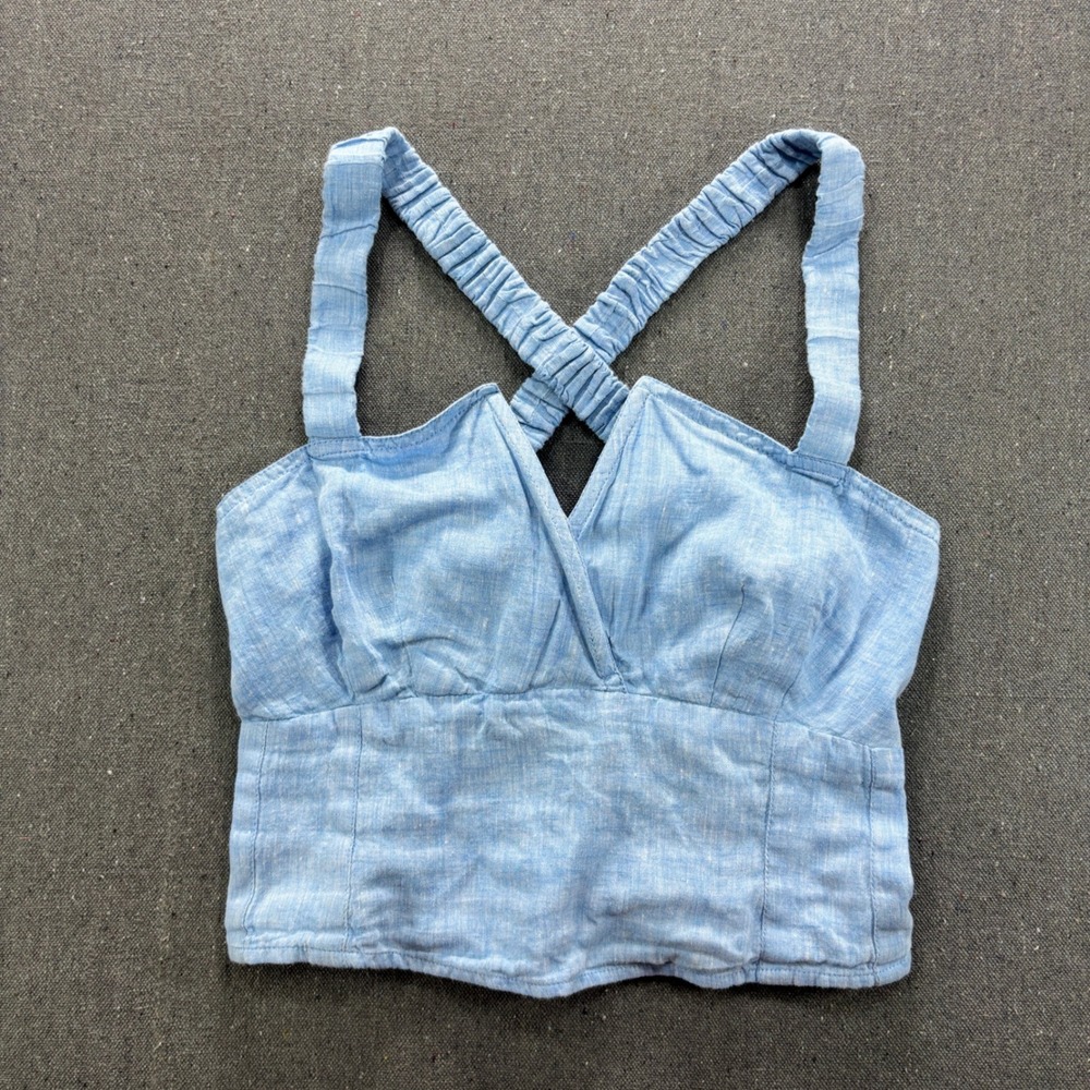 Anthropologie Light Blue Linen Blend Criss Cross Back Crop Top Smocked Back